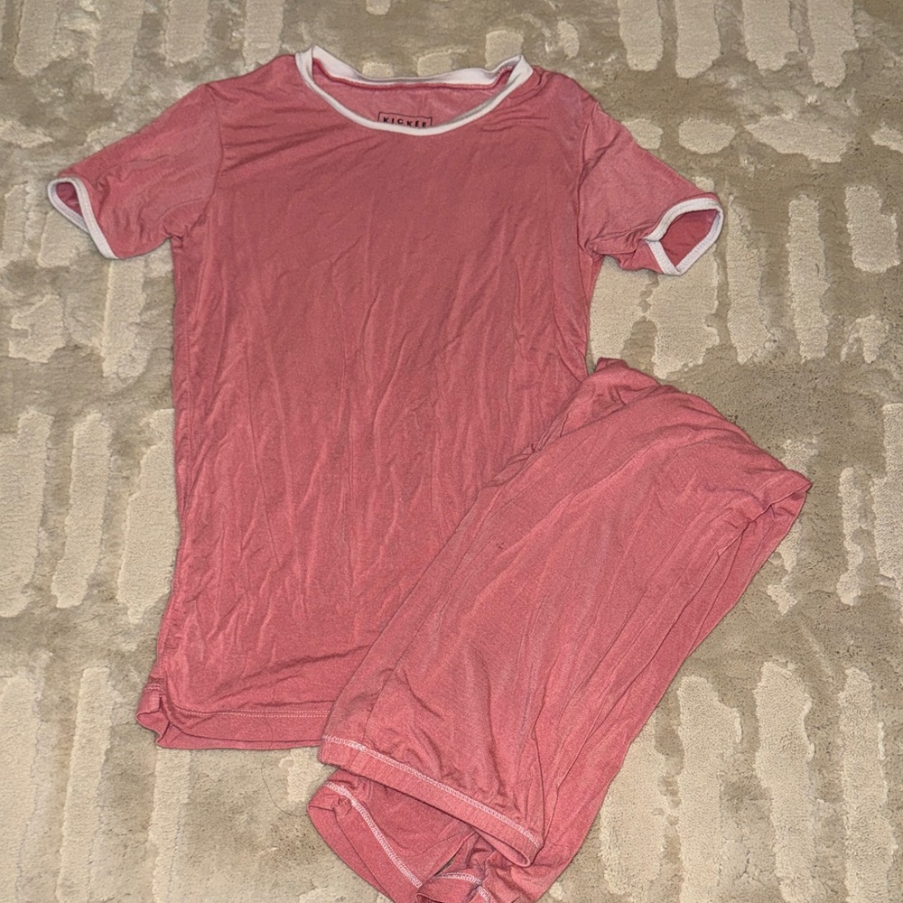 Kickee Pants Kids Rose Pink Pajamas piped in white 10